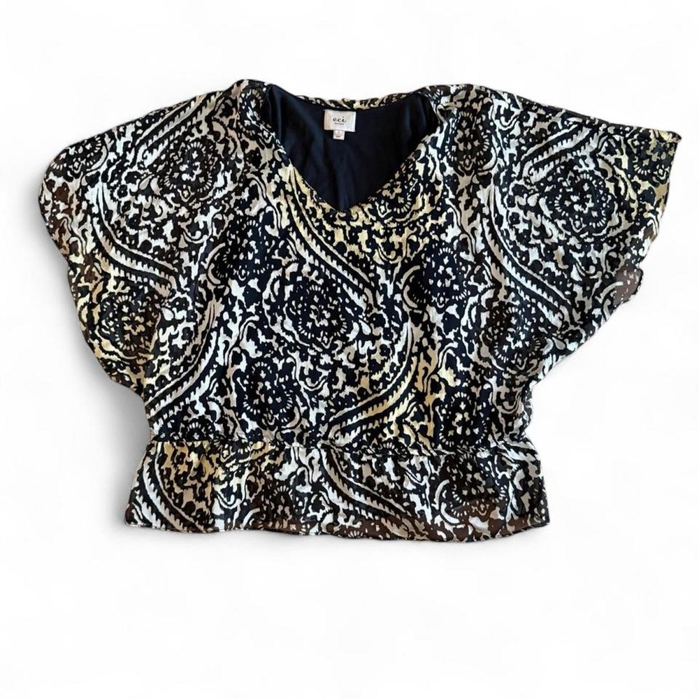 black + white paisley peplum waist short dolman sleeve top Y2K whimsygoth L